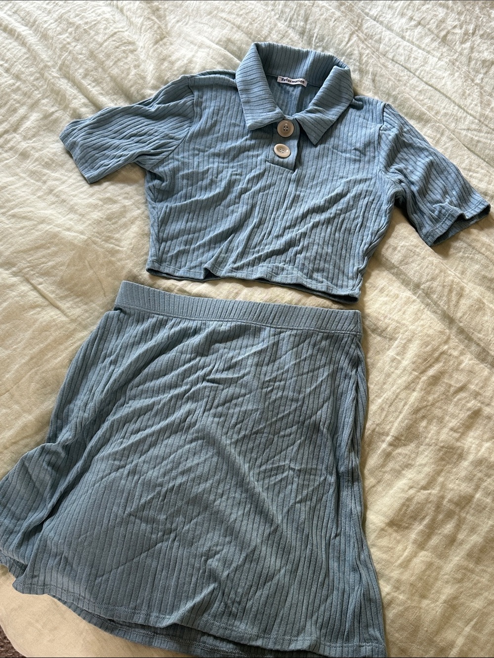 Reformation Ribbed Two-Piece Crop Top & Skirt Set in Light Blue